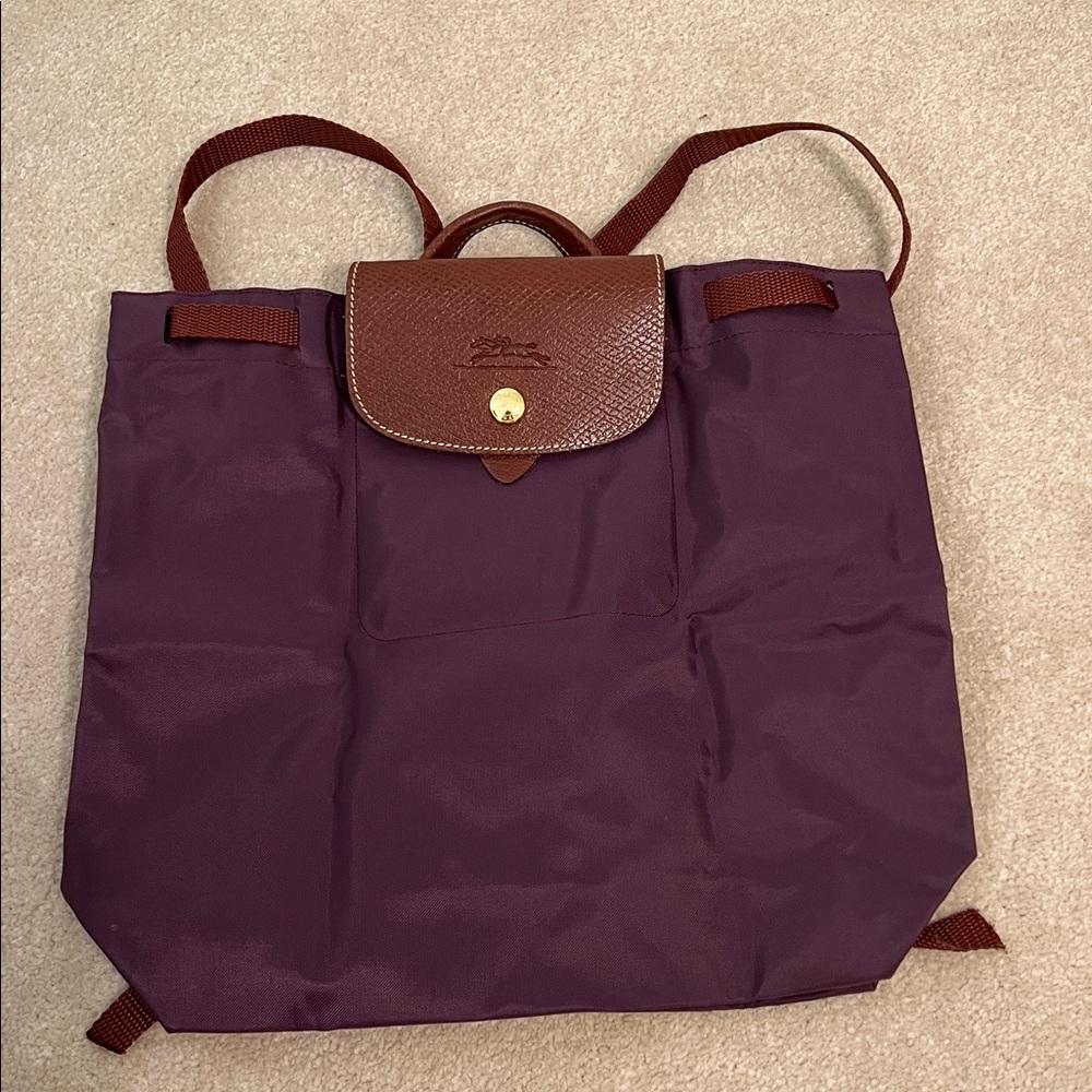 NWOT Longchamp Les Pliages Mimi Backpack Purple  with Brown addjustsble straps
